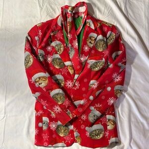 Festive Red Christmas Cat Print Suit Jacket